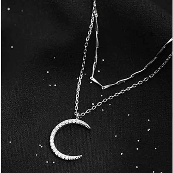 NEW | Crescent Moon Multi Layer Pave Diamond Necklace - Picture 4 of 15